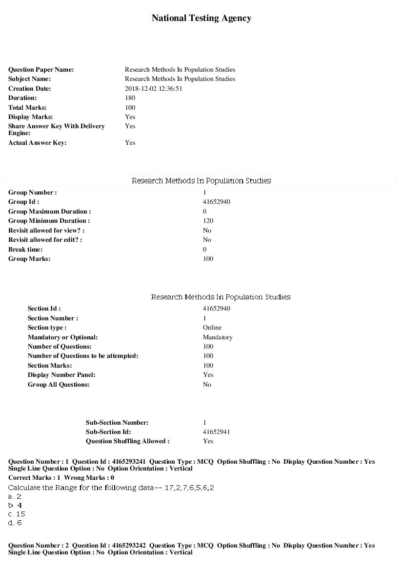 SWAYAM 2018 Question Paper Research Methods In Population Studies - Page 1 of 17