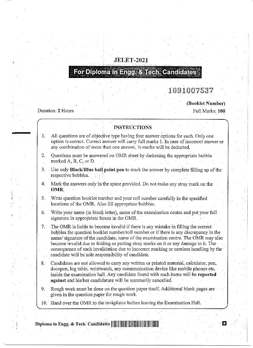 JELET 2021 Question Paper Diploma in Engineering and Technology - Page 1