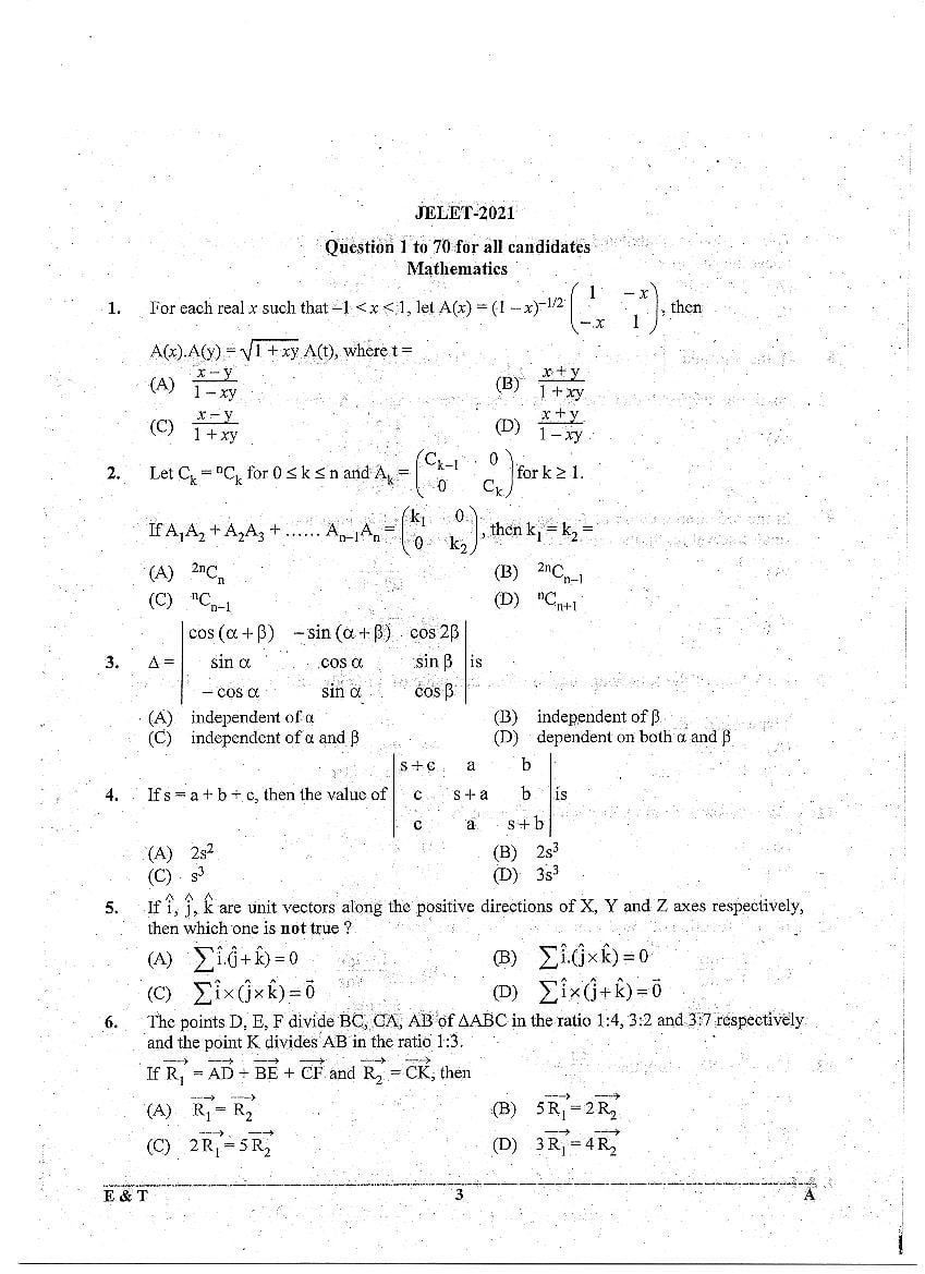 WB JELET 2021 Question Paper PDF: Engineering, B.Sc., Pharmacy