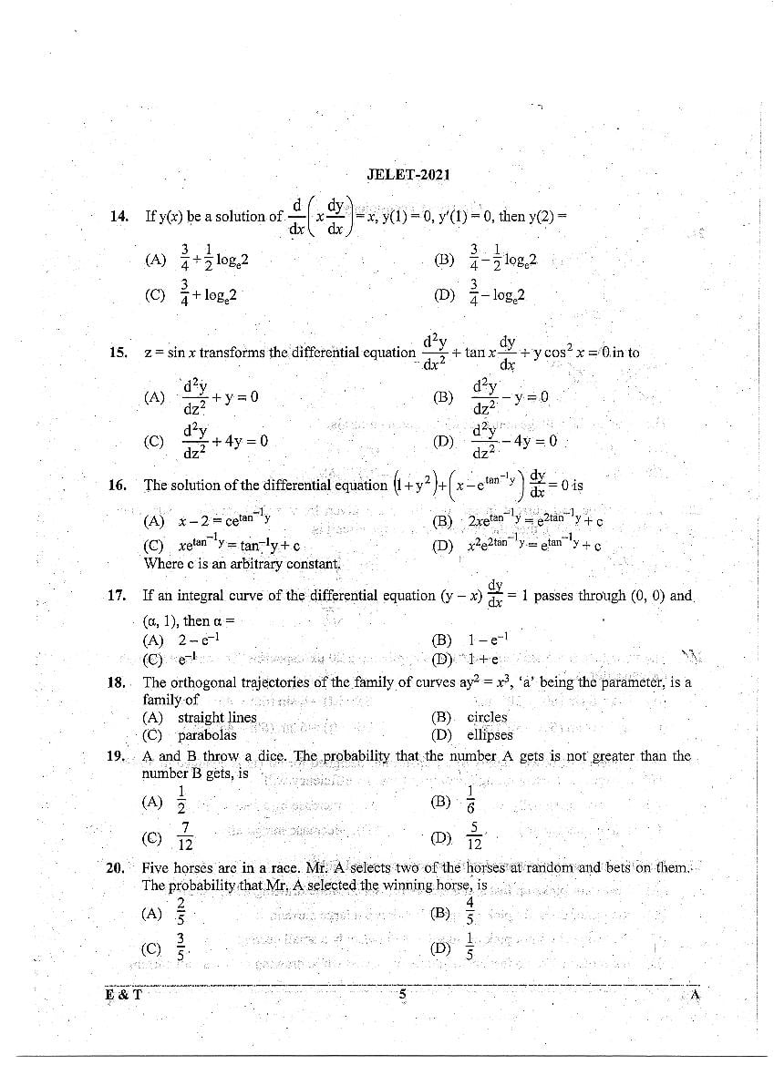 WB JELET 2021 Question Paper PDF: Engineering, B.Sc., Pharmacy