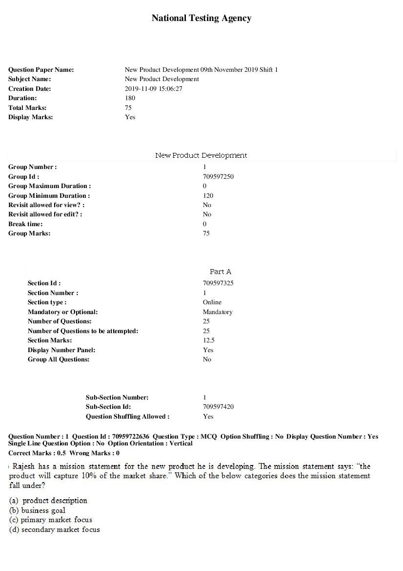 SWAYAM 2019 Question Paper New Product Development - Page 1