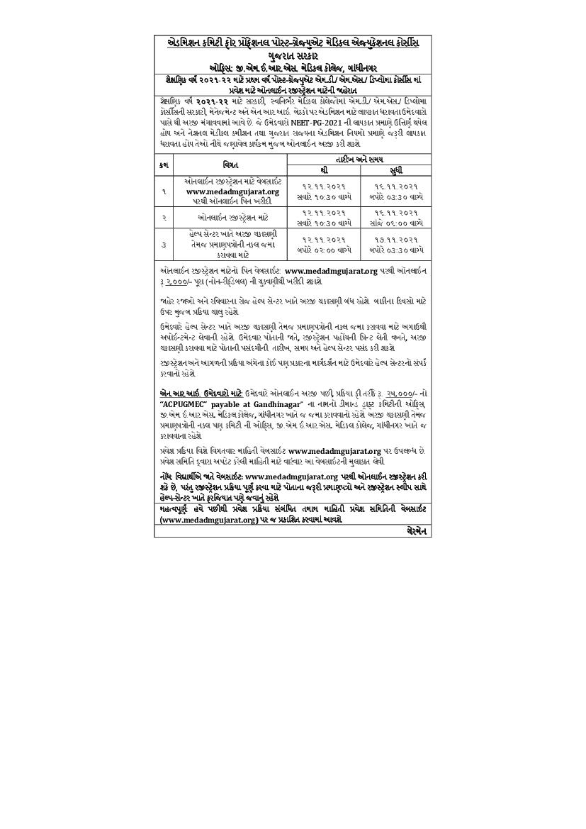 Gujarat State PG Medical Admission 2021 Notice - Page 1