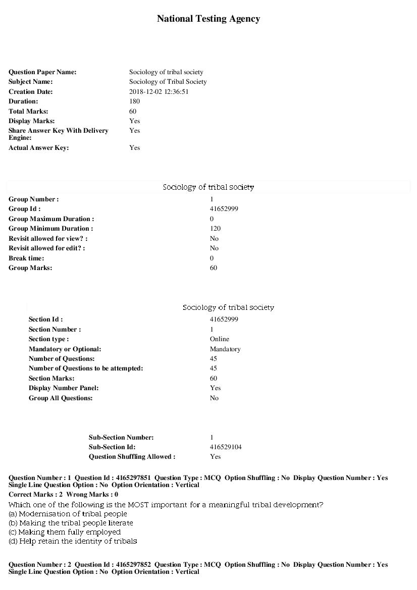 SWAYAM 2018 Question Paper Sociology of Tribal Society - Page 1 of 9