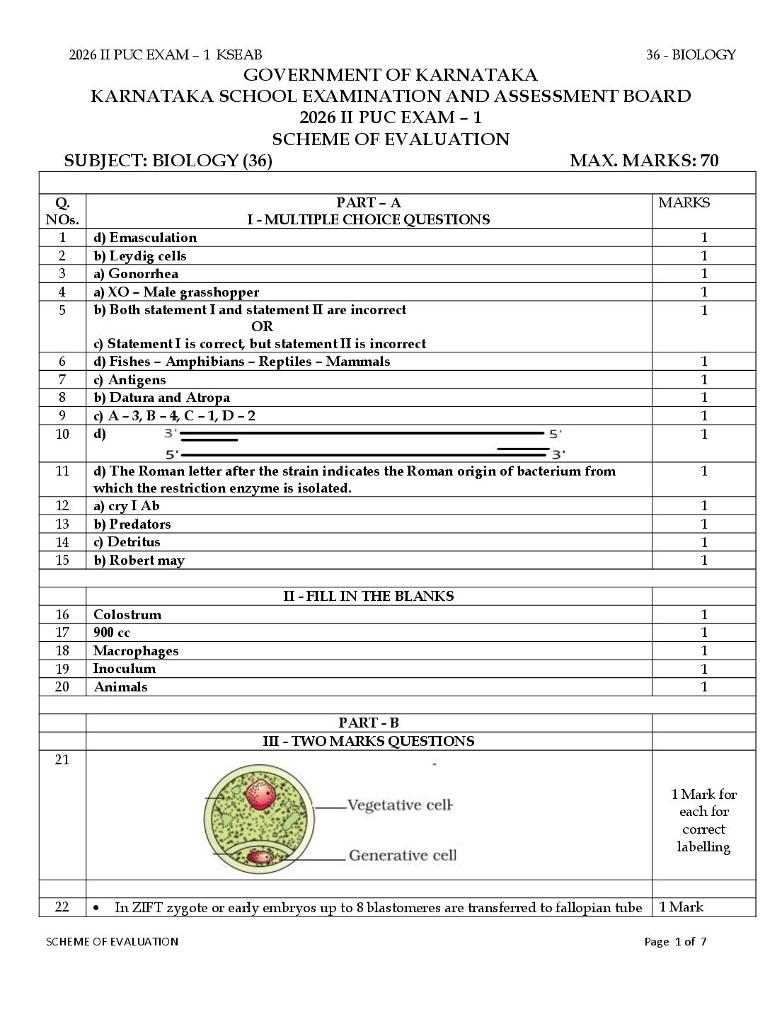 Karnataka 2nd PUC Question Paper 2026 Answer Key Biology - Page 1 of 7