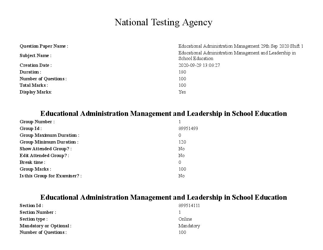 SWAYAM 2020 Question Paper Educational Administration Management and Leadership in School Education - Page 1