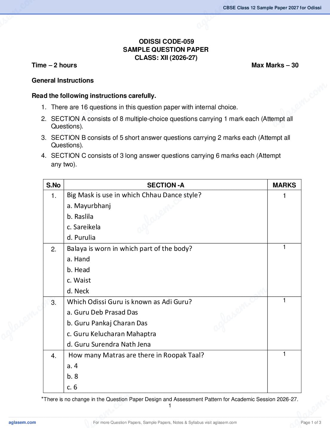 CBSE Class 12 Sample Paper 2027 for Odissi - Page 1 of 3