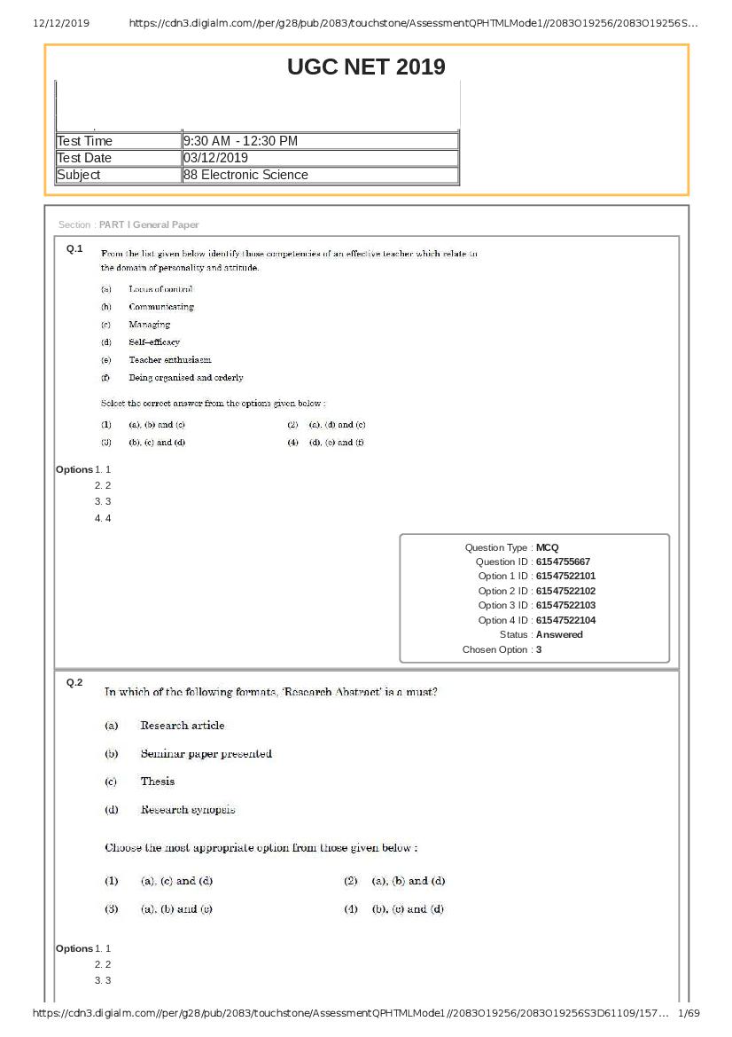 UGC NET Dec 2019 Question Paper Electronic Science 3 Dec Shift 1 - Page 1