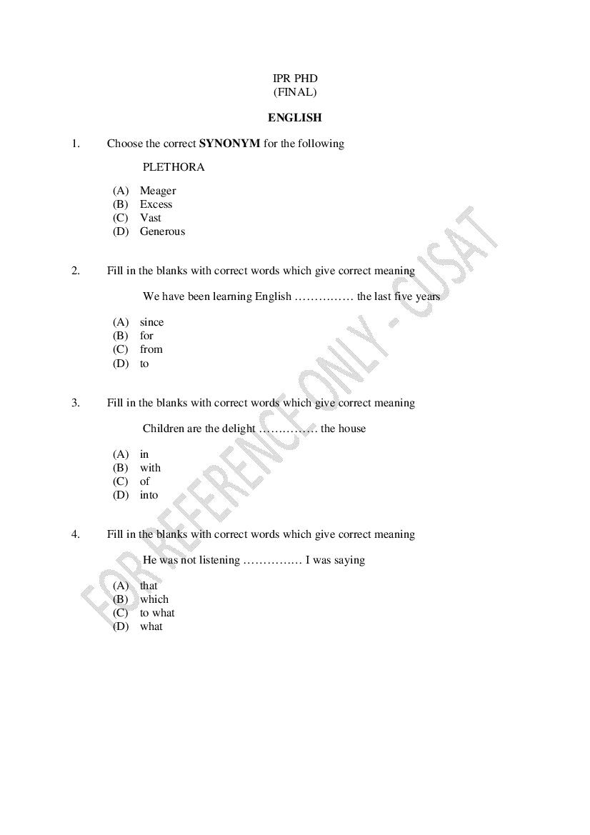 CUSAT CAT 2023 Question Paper IP IPR PhD - Page 1