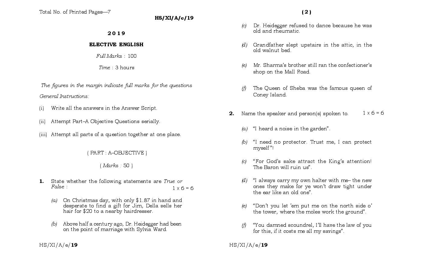 MBOSE Class 11 Question Paper 2019 for English Elective - Page 1