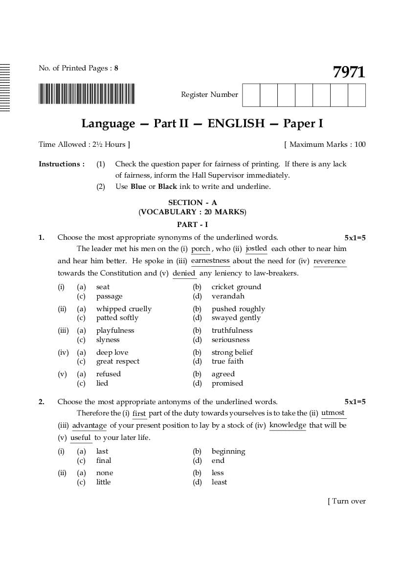 TN 10th Model Question Paper English Paper I - Page 1