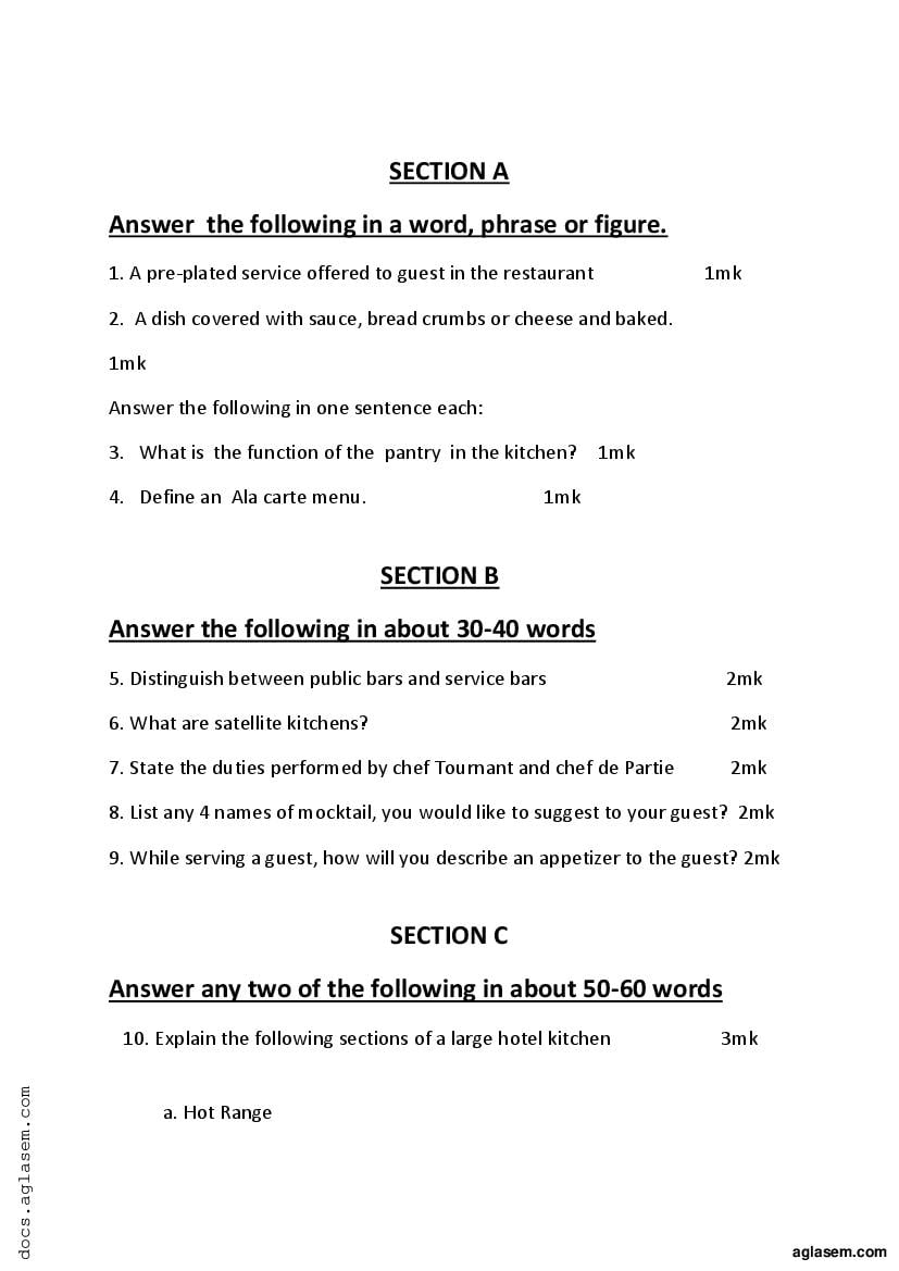 Goa Board Hssc Introduction To Hospitality Indrustry Model Question