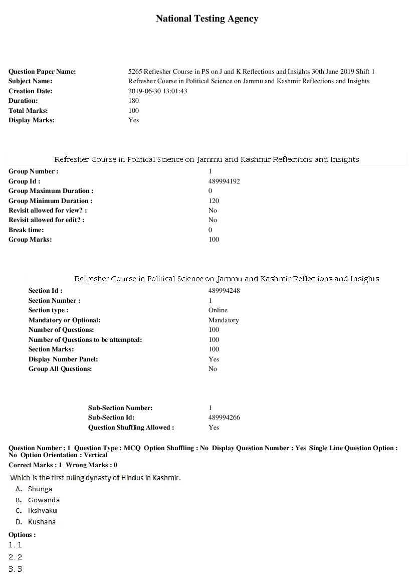 ARPIT 2019 Question Paper for Refresher Course in Political Science on Jammu and Kashmir Reflections and Insights Shift 1 - Page 1 of 30