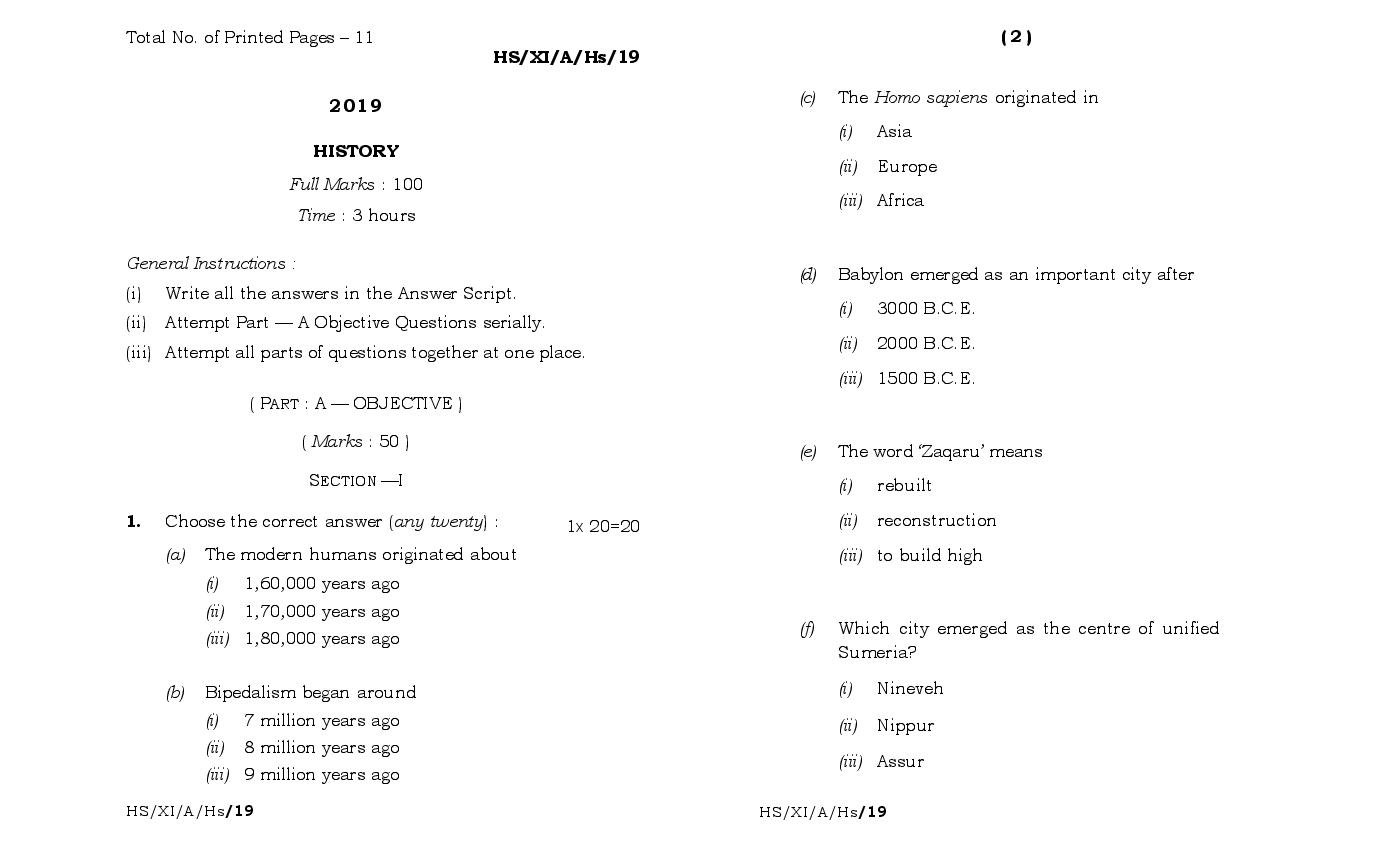 MBOSE Class 11 Question Paper 2019 for History - Page 1