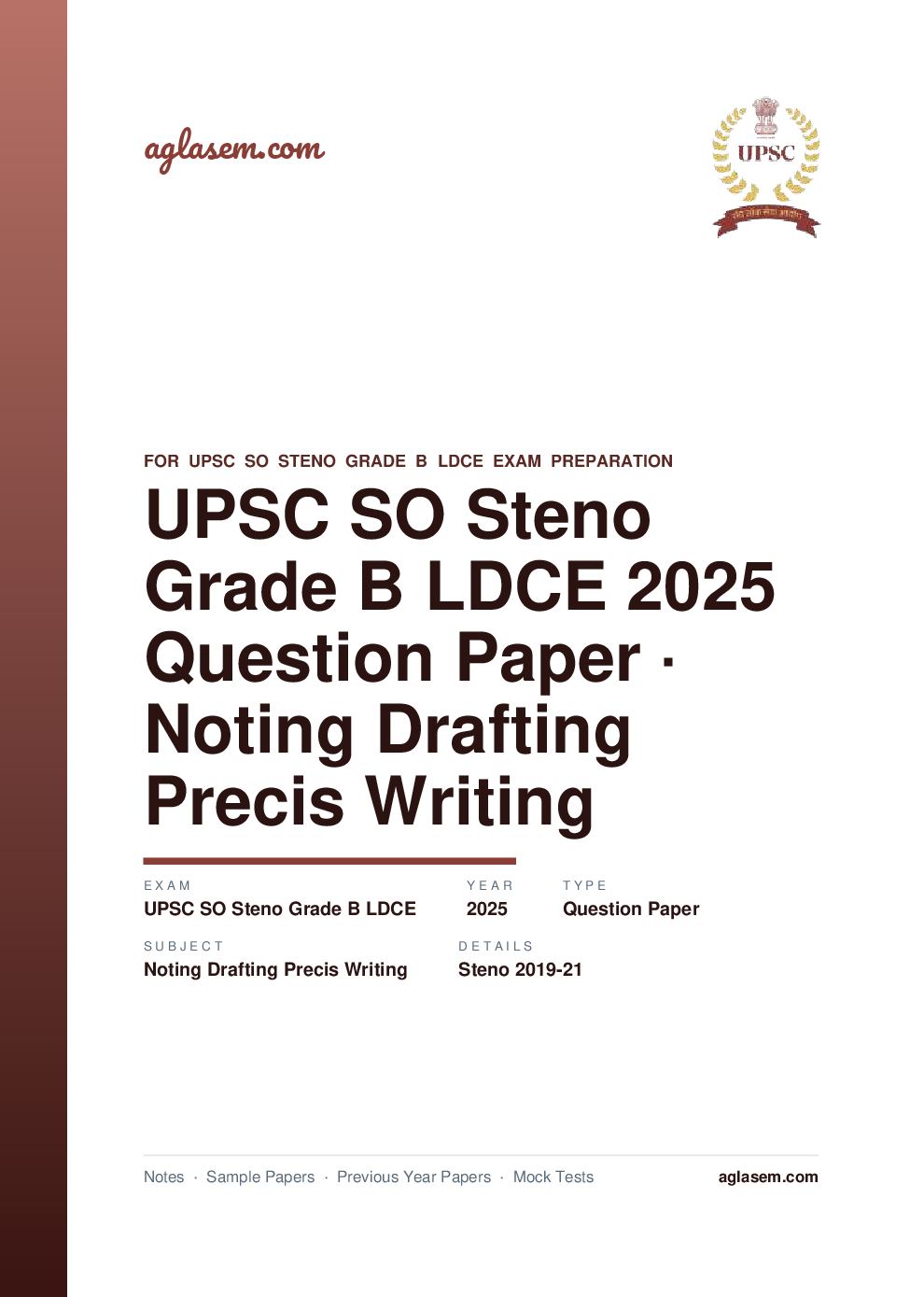 UPSC SO Steno Grade B LDCE 2025 (with Steno 2019-21) Question Paper for Noting and Drafting Precis Writing - Page 1 of 21