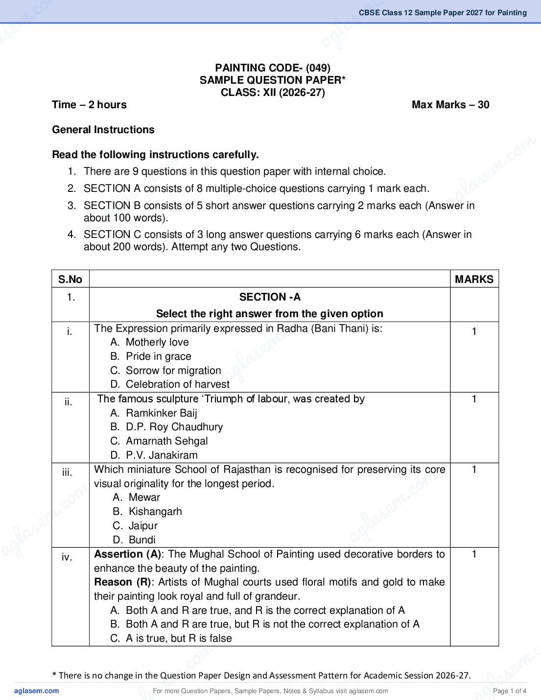 CBSE Class 12 Sample Paper 2027 for Painting - Page 1 of 4