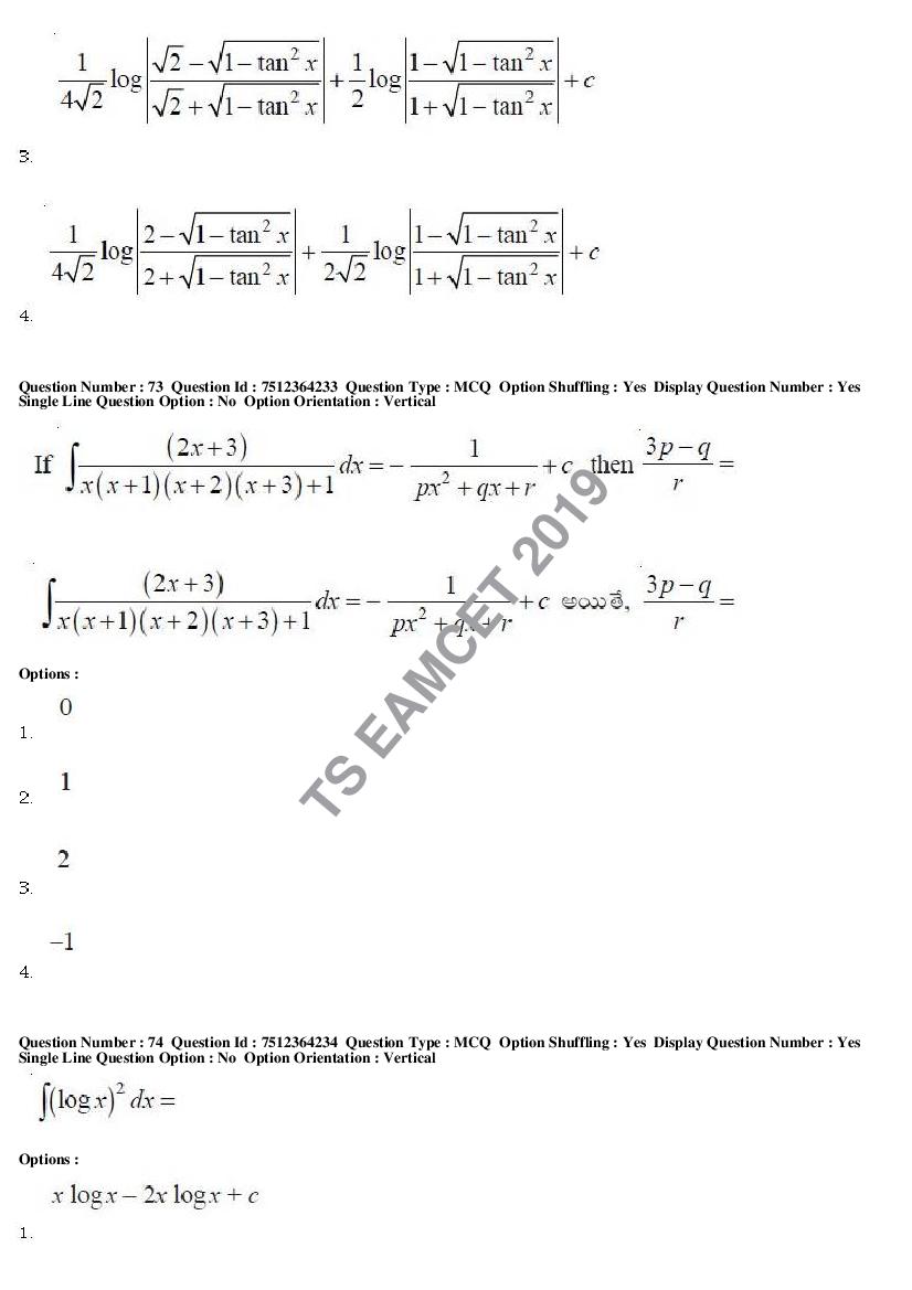 TS EAMCET 2019 Question Paper PDF with Answer Keys (8 Papers)