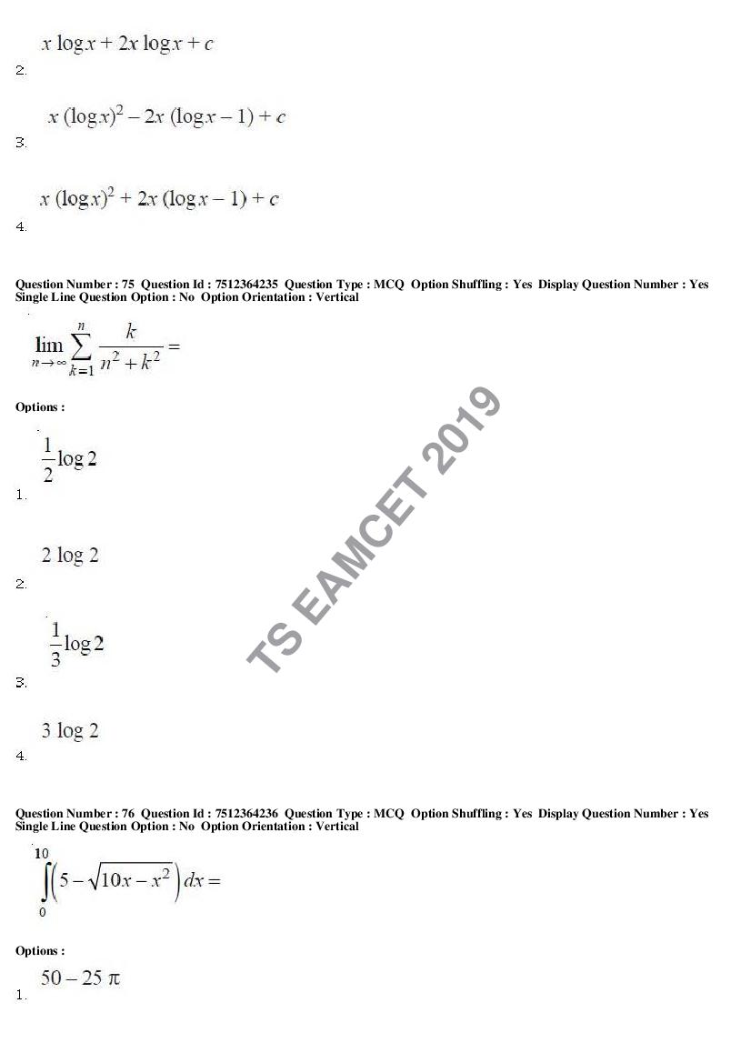 TS EAMCET 2019 Question Paper PDF with Answer Keys (8 Papers)