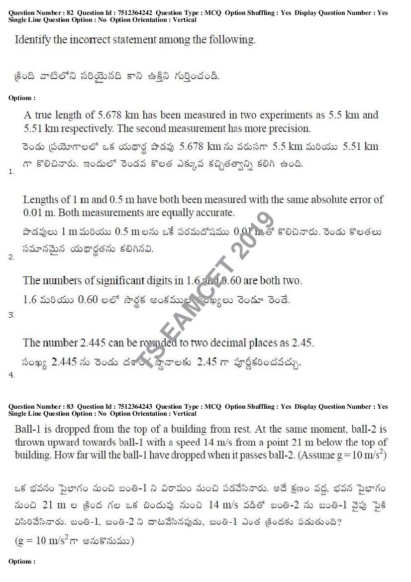 TS EAMCET 2019 Question Paper PDF with Answer Keys (8 Papers)