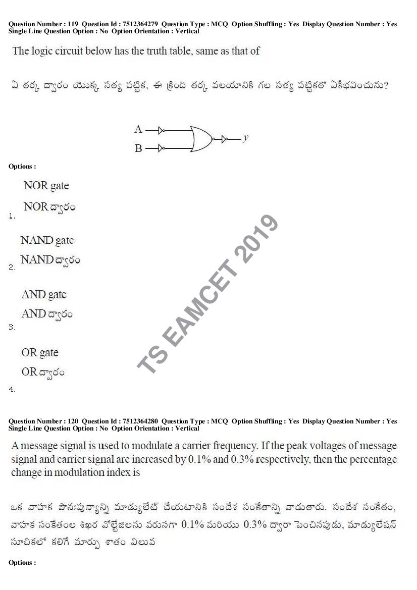 TS EAMCET 2019 Question Paper PDF with Answer Keys (8 Papers)