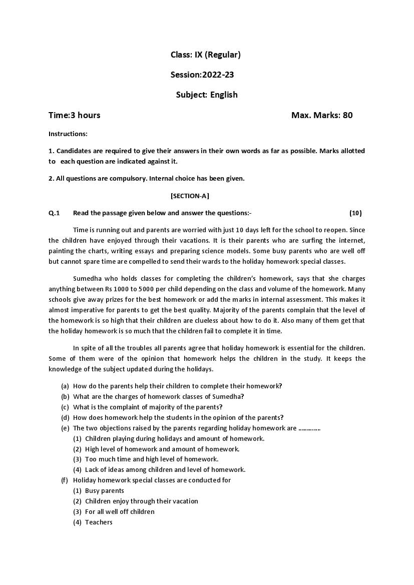 HP Board Class 9 Model Question Paper English - Page 1