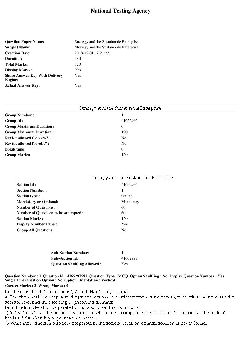 SWAYAM 2018 Question Paper Strategy and the Sustainable Enterprise - Page 1 of 12