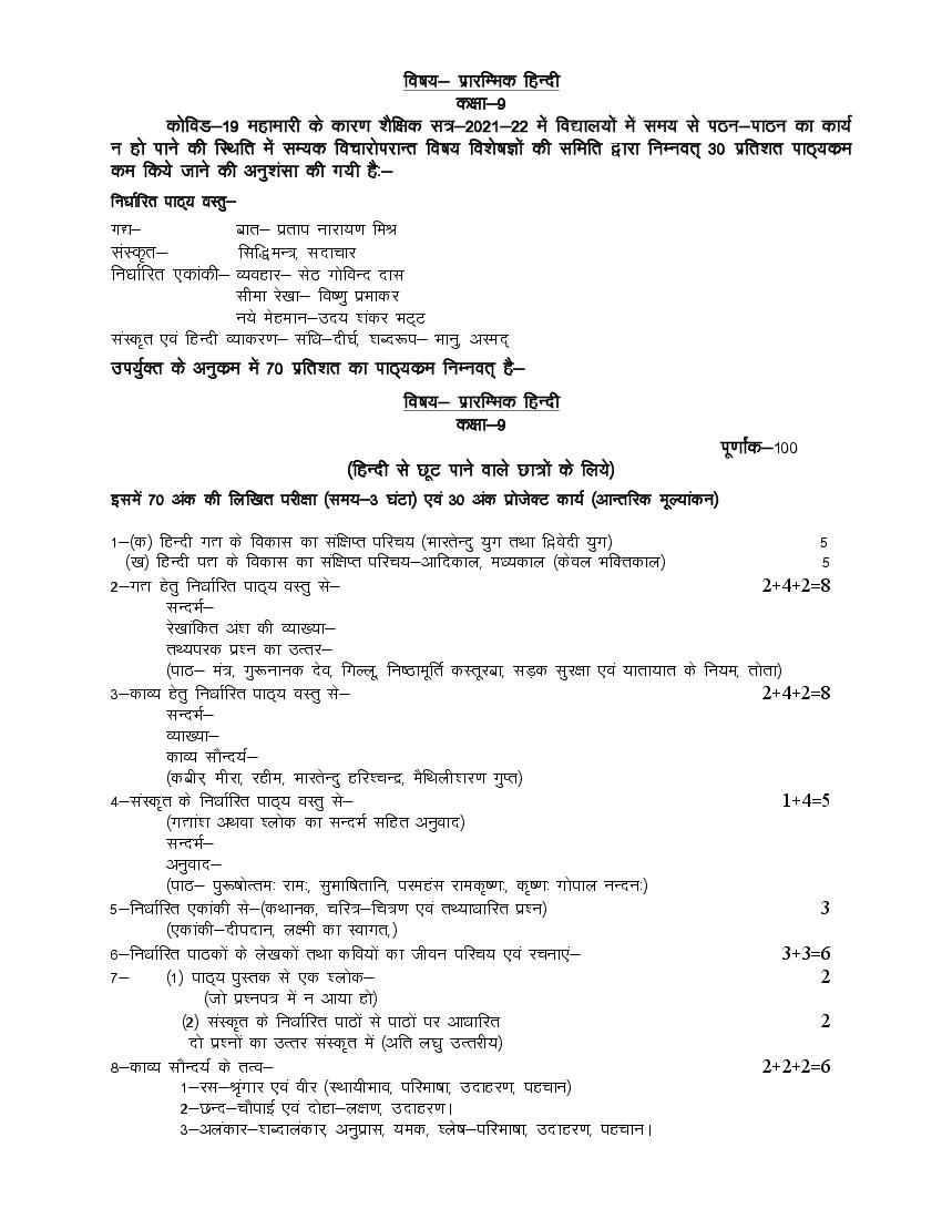 UP Board Class 9 Syllabus 2022 Elemenry Hindi - Page 1