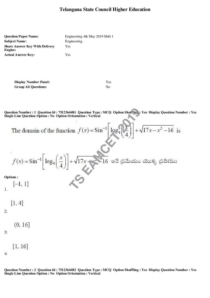 TS EAMCET 2019 Question Paper Engineering 4 May Shift 1 - Page 1