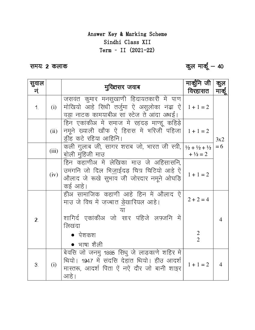 CBSE Class 12 Marking Scheme 2022 for Sindhi Term 2 - Page 1