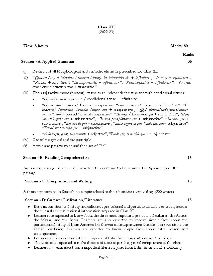 CBSE Class 12 Syllabus 2022-23 Spanish - Page 1