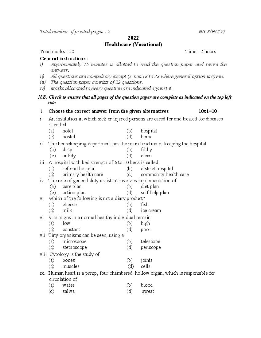 NBSE Class 10 Question Paper 2022 Healthcare (Vocational) - Page 1