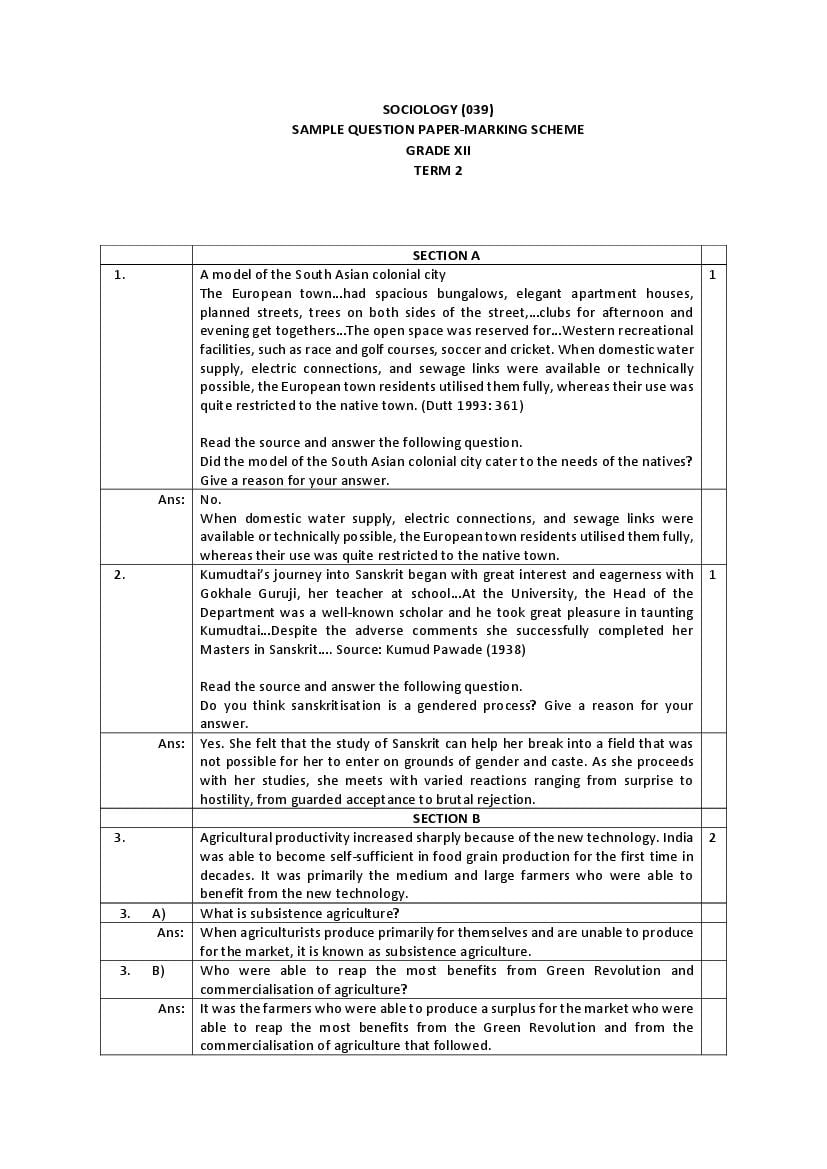 CBSE Class 12 Marking Scheme 2022 for Sociology Term 2 - Page 1