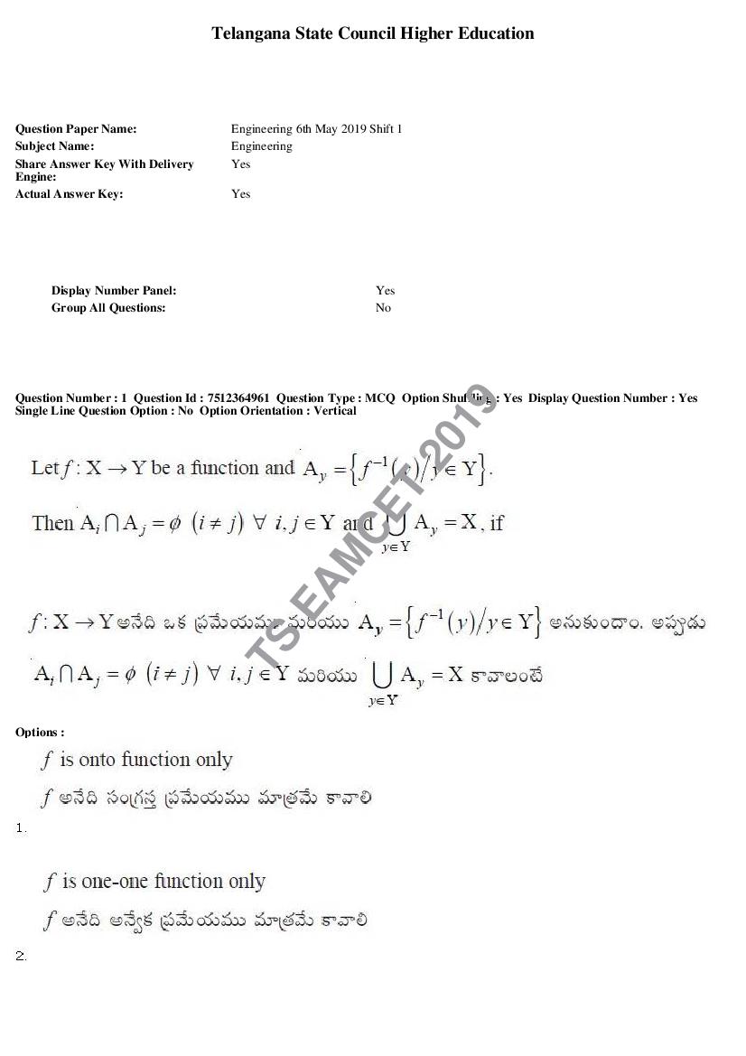 TS EAMCET 2019 Question Paper Engineering 6 May Shift 1 - Page 1
