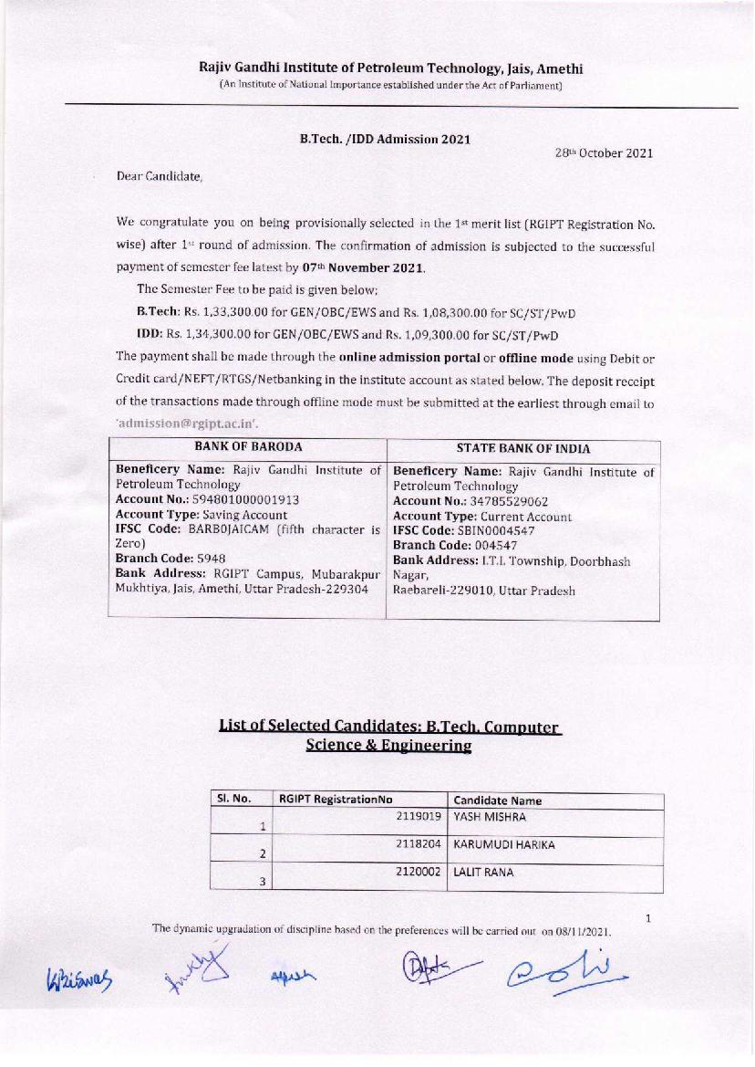 RGIPT B.Tech Admission 2021 First Merit list - Page 1