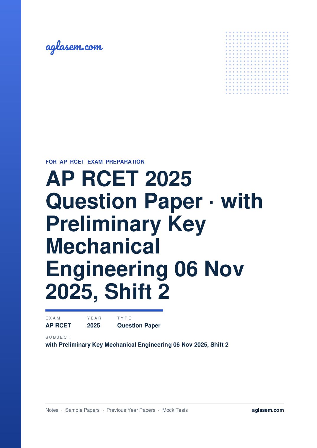 AP RCET 2025 Question Paper with Preliminary Key Mechanical Engineering 06 Nov 2025, Shift 2 - Page 1 of 71