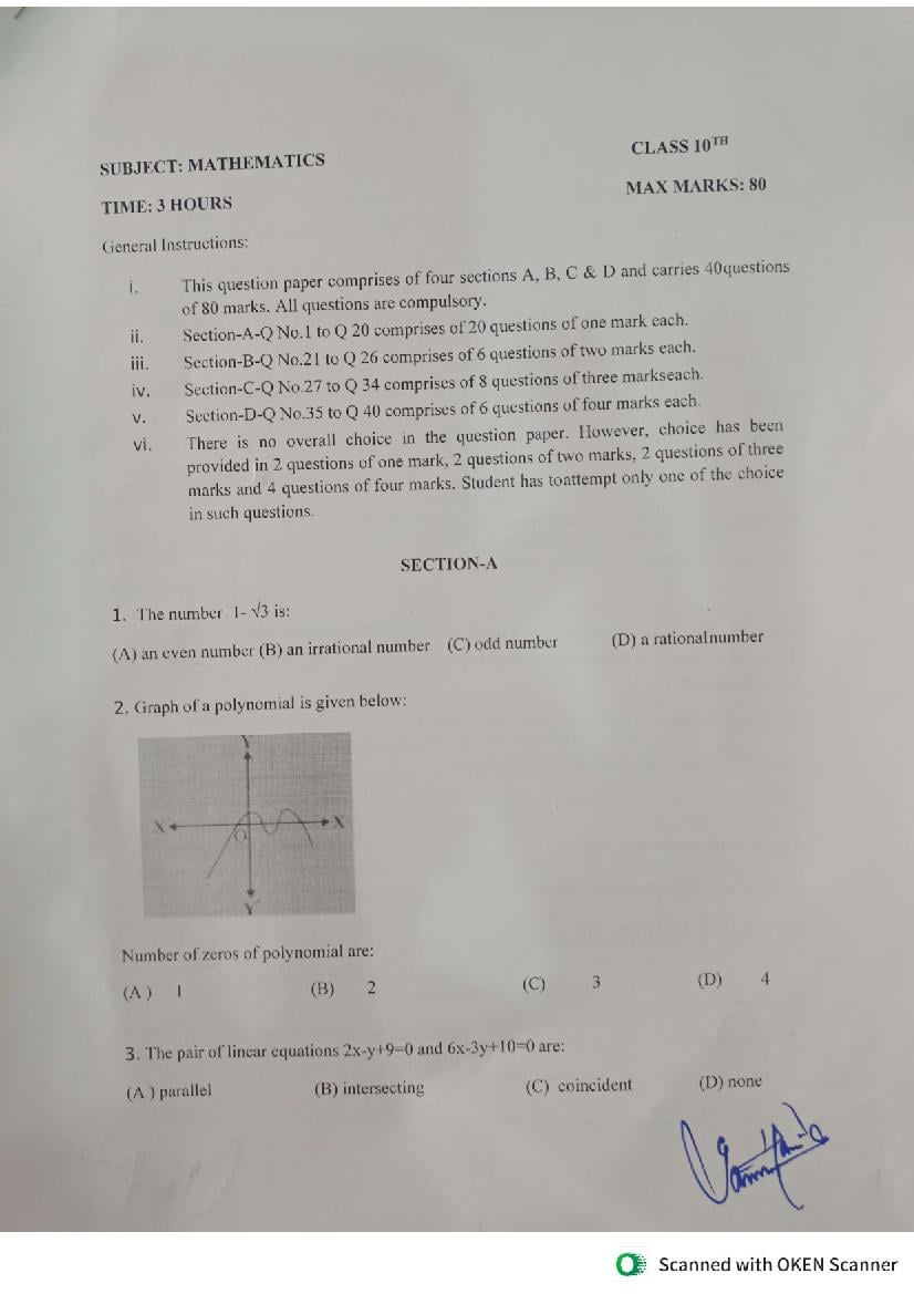 JKBOSE 10th Class Model Paper 2024 Maths - Page 1