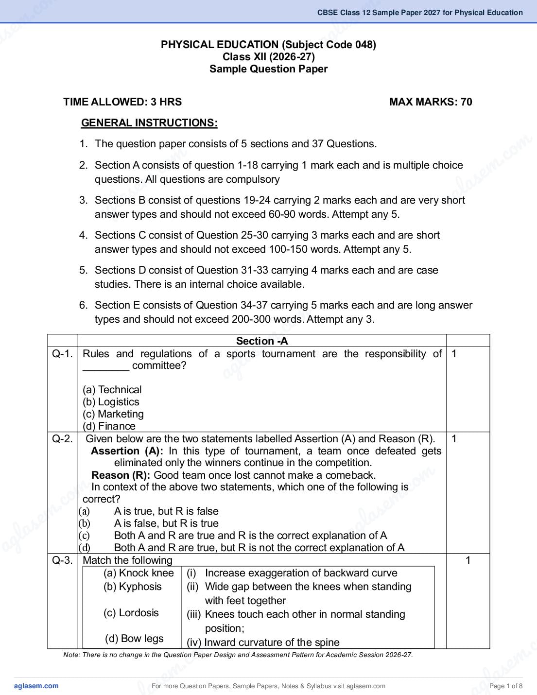 CBSE Class 12 Sample Paper 2027 for Physical Education - Page 1 of 8