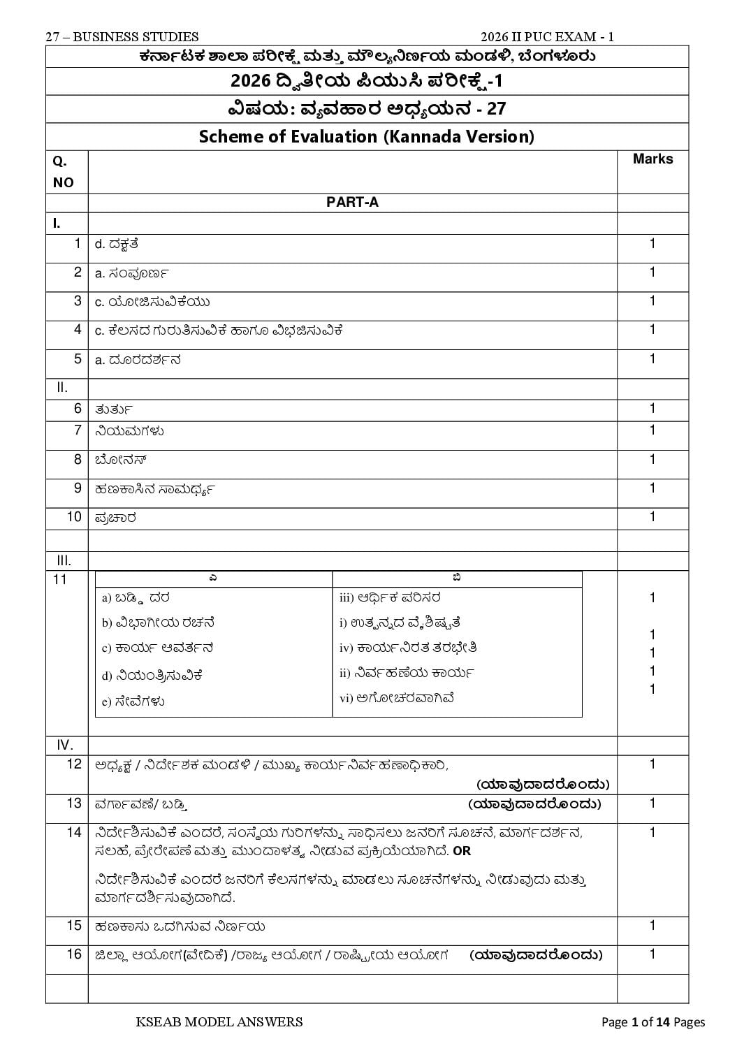 Karnataka 2nd PUC Question Paper 2026 Answer Key Business Studies - Page 1 of 14