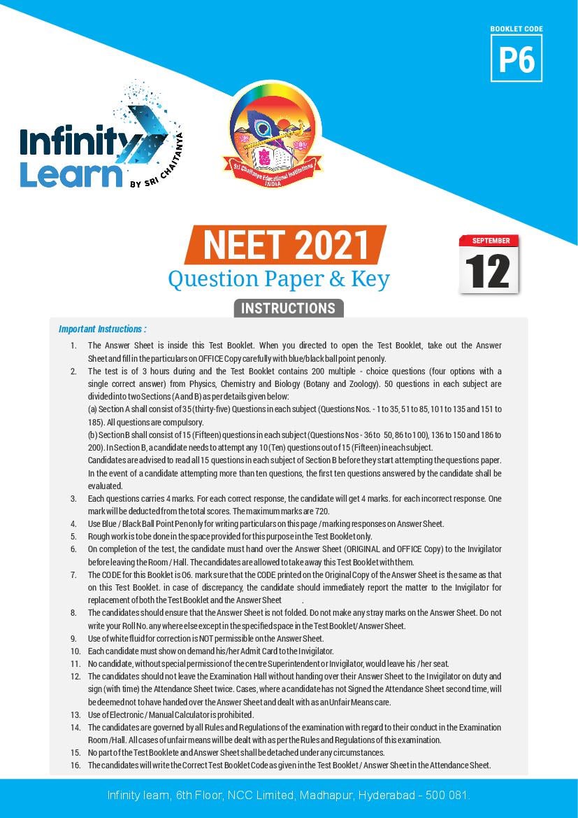 Neet 2021 Answer Key For Set P6 By Sri Chaitanya