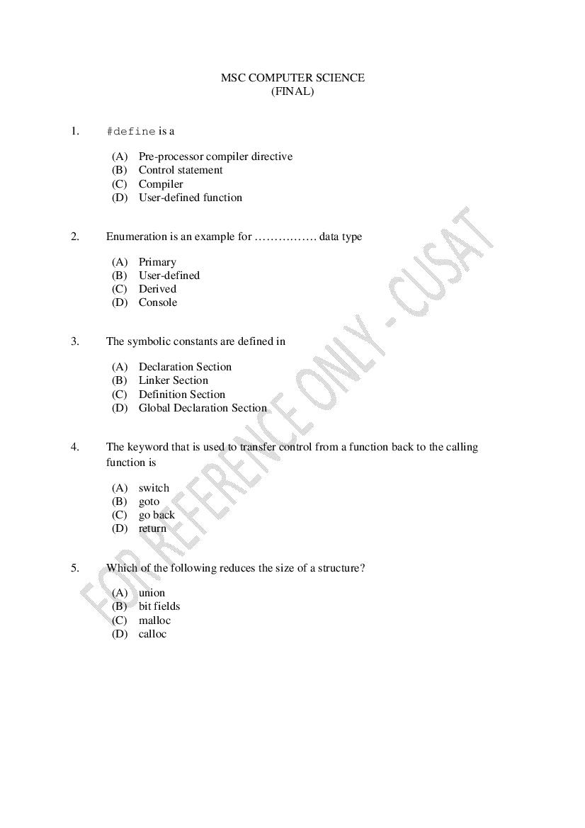 CUSAT CAT 2023 Question Paper M.Sc Computer Science - Page 1