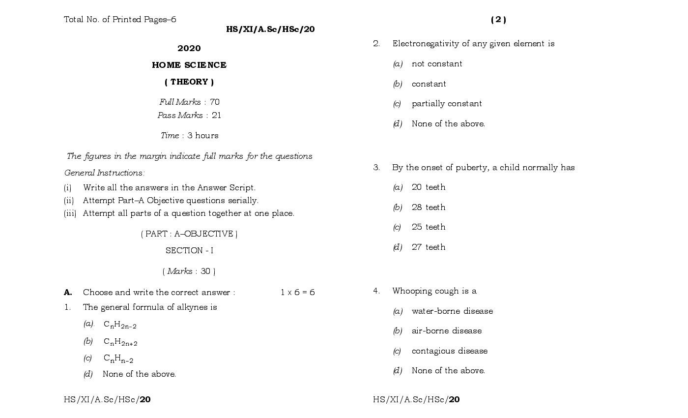 MBOSE Class 11 Question Paper 2020 for Home Science - Page 1