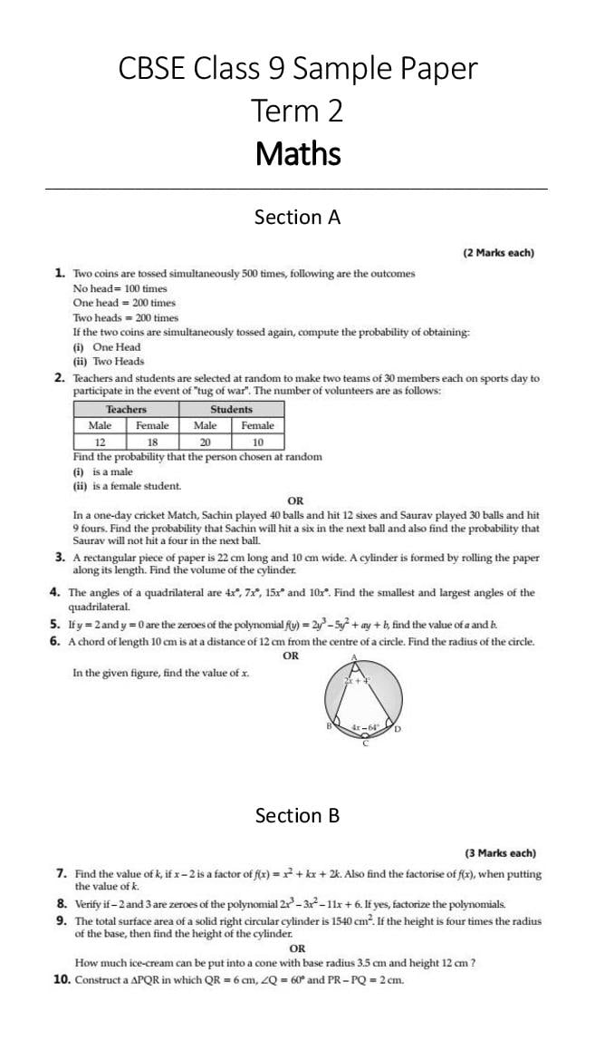 CBSE Class 9 Sample Paper 2022 for Maths Term 2 - Page 1