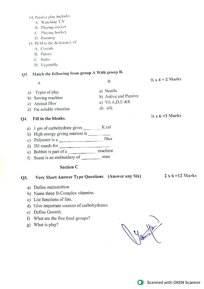 JKBOSE Class 10th Model Question Paper 2025 For Home Science - JK Board ...