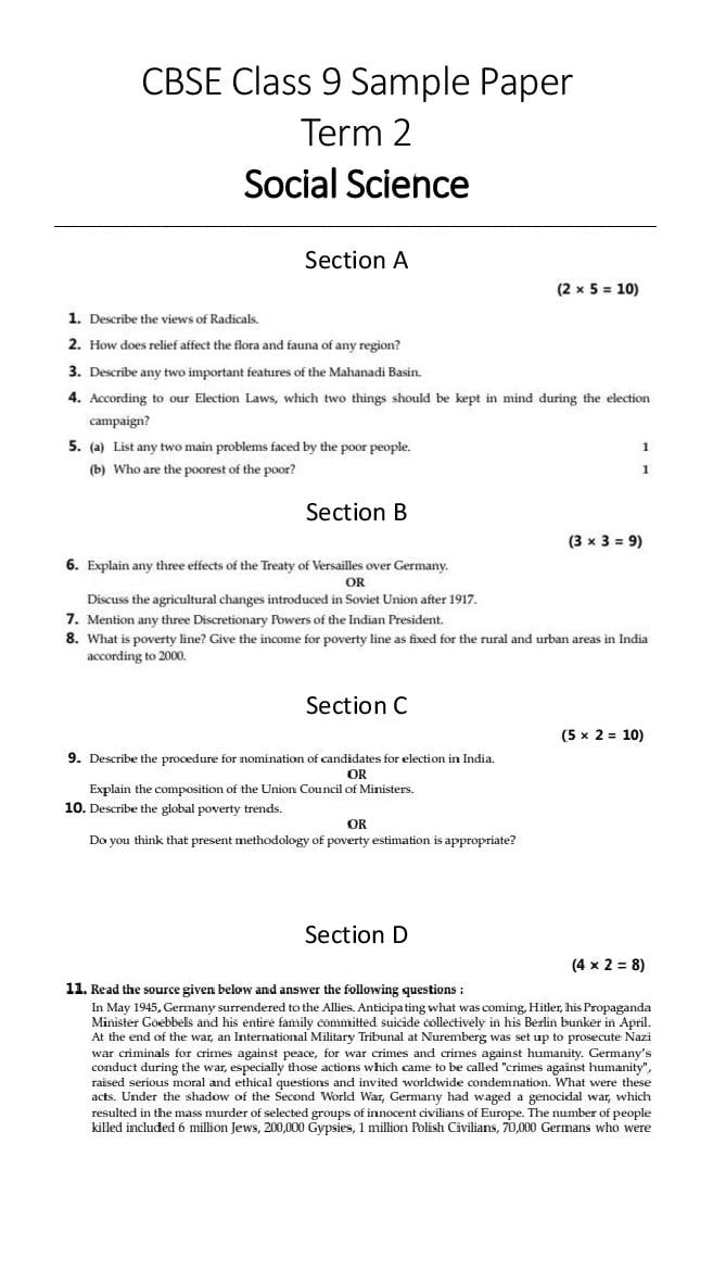 CBSE Class 9 Sample Paper 2022 for Social Science Term 2 - Page 1