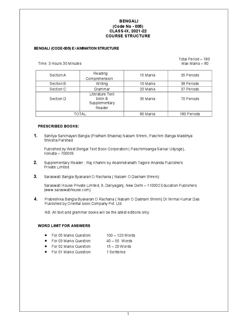 CBSE Class 10 Term Wise Syllabus 2021-22 Bengali - Page 1