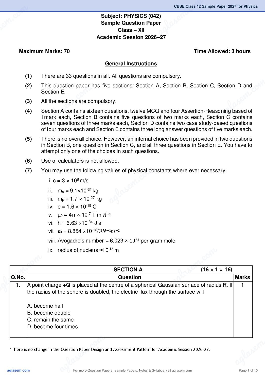 CBSE Class 12 Sample Paper 2027 for Physics - Page 1 of 10