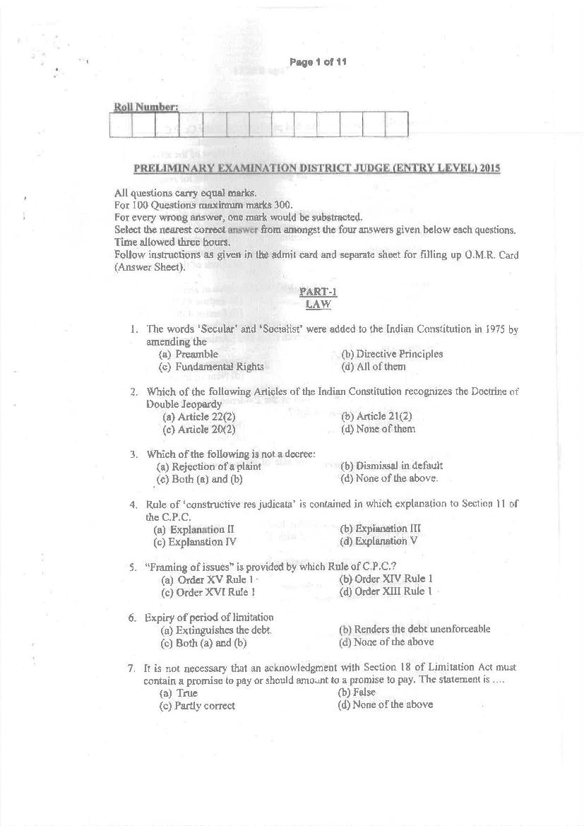 Patna High Court District Judge 2015 Prelims - Page 1