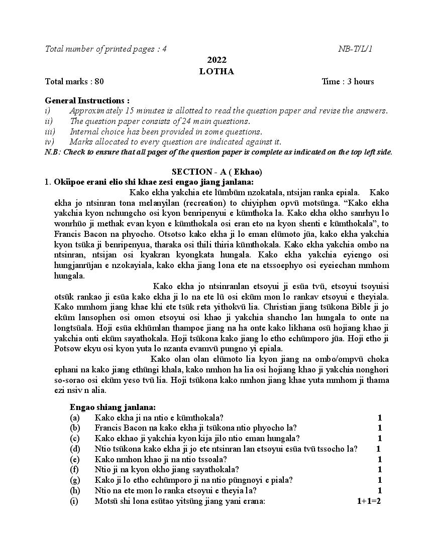 NBSE Class 10 Question Paper 2022 Lotha - Page 1
