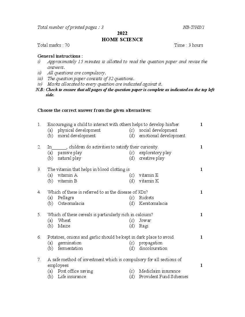 NBSE Class 10 Question Paper 2022 Home Science - Page 1