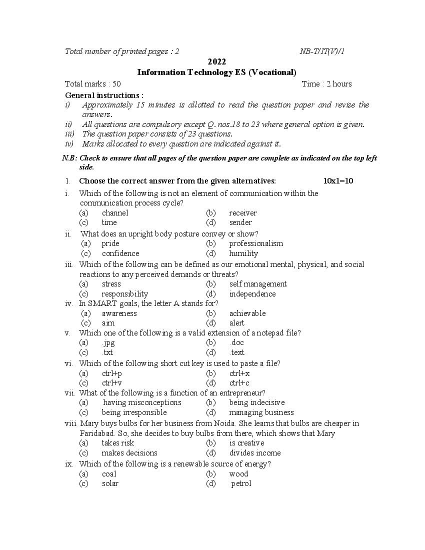 NBSE Class 10 Question Paper 2022 Information Technology Es (Vocational) - Page 1