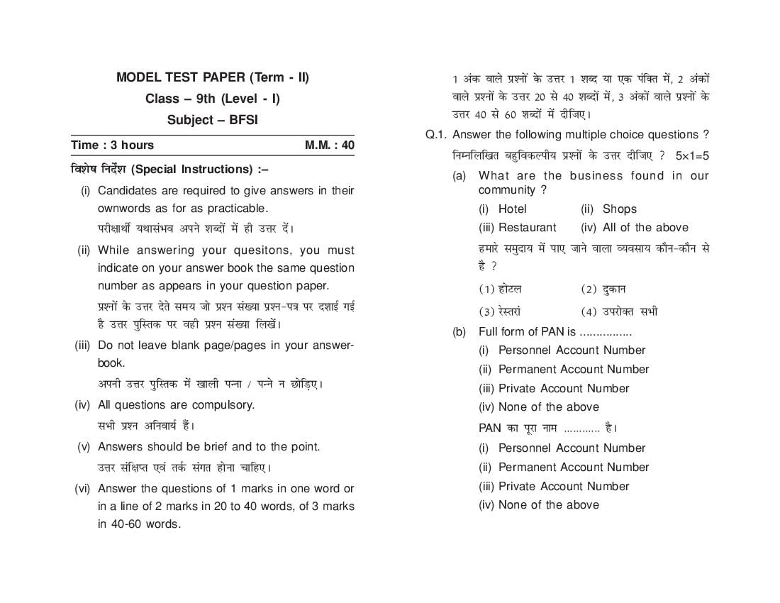 HP Board Class 9 Model Question Paper 2022 BFSI Term 2 - Page 1